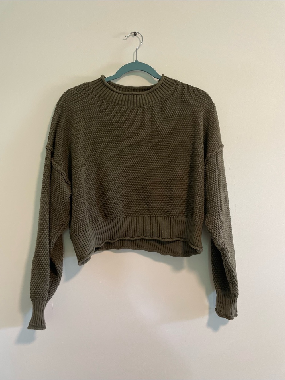 Miou Muse Women’s Knit Top Green Sweater Crop Size Large 100% Cotton